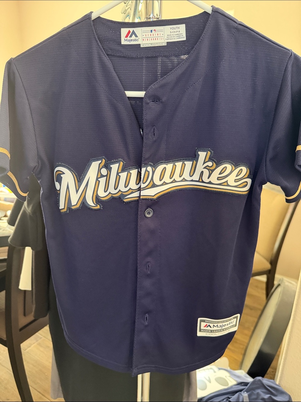 Majestic Navy Milwaukee Button-Front Youth Baseball Jersey Sz 8
